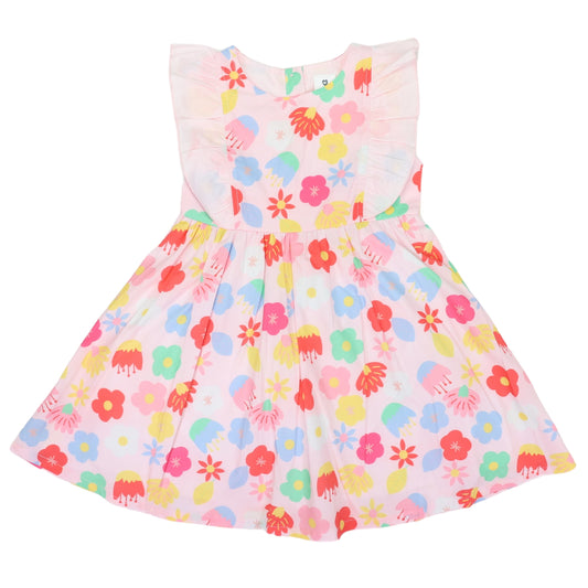 Korango - Poplin Flower Frill Dress Pink