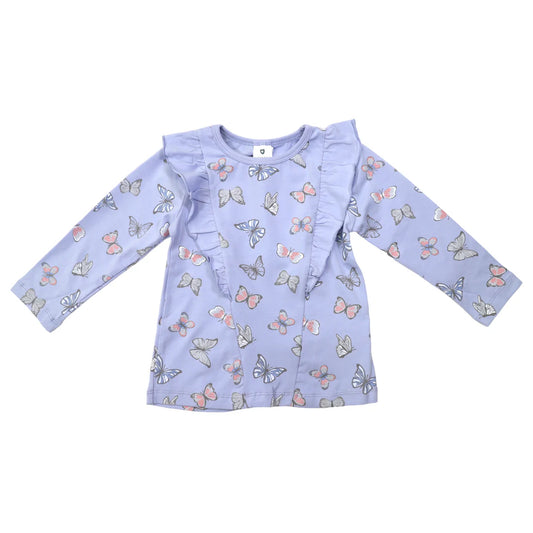 Korango Butterfly Print Tee with Frill Blue Heron