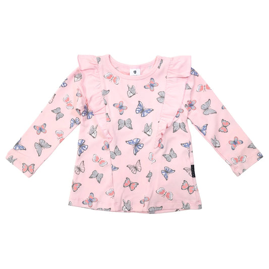 Korango Butterfly Print Tee with Frill Fairytale Pink