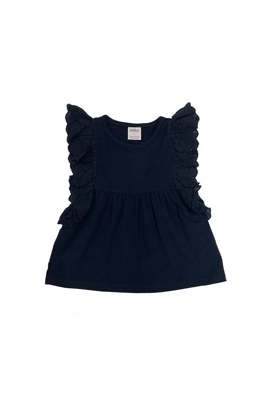 Milky- Navy Broderie Frill Tee