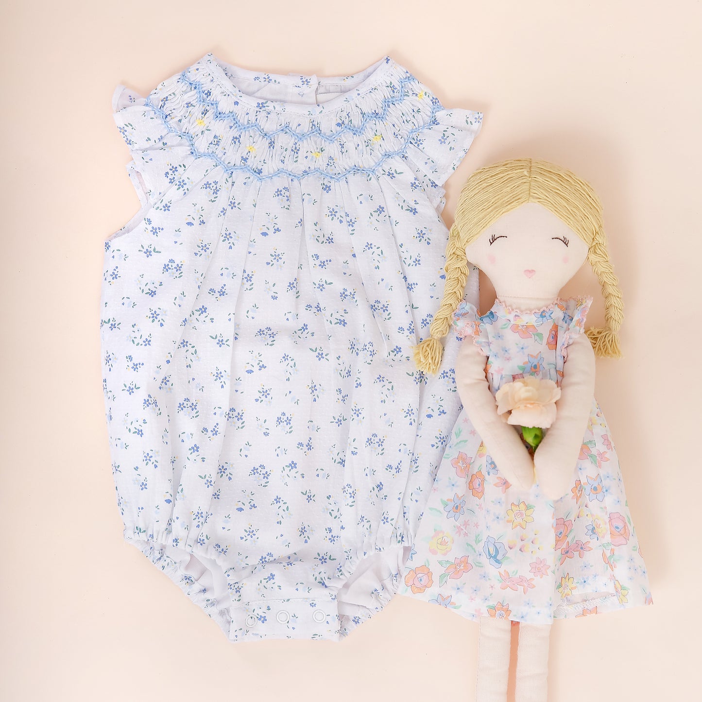 Albetta- Blue Ditsy Floral Print Smocked Bubby Suit