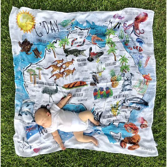 Chuckles & Caz Muslin Swaddle Australian Watercolour Map